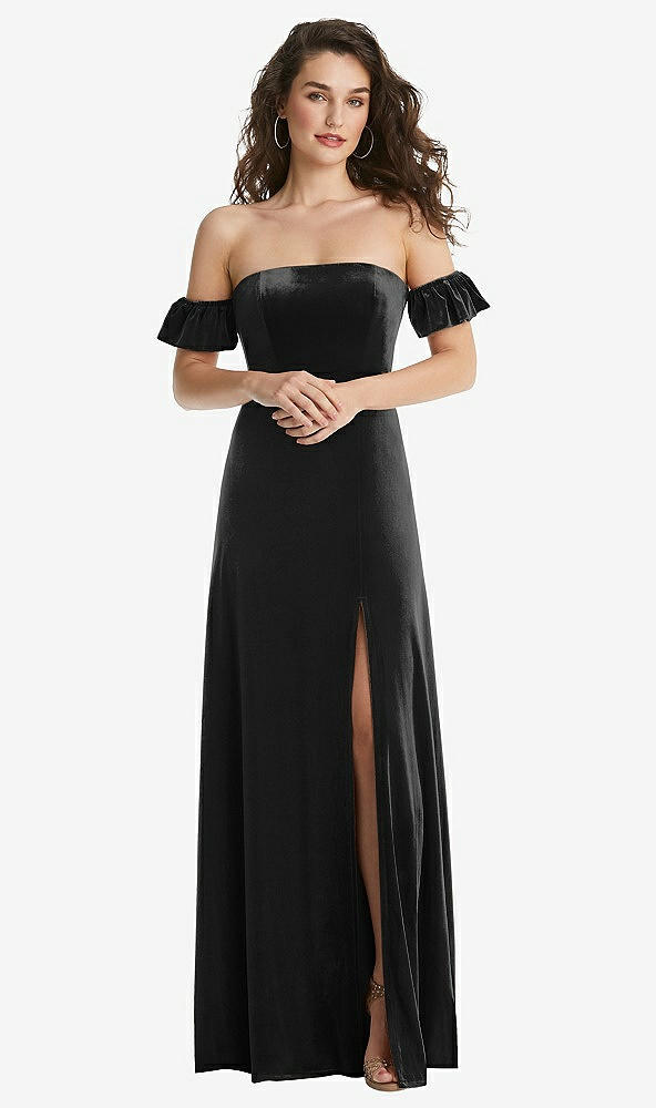 Front View - Black Ruffle Sleeve Off-the-Shoulder Velvet Maxi Dress