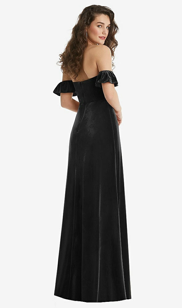 Back View - Black Ruffle Sleeve Off-the-Shoulder Velvet Maxi Dress