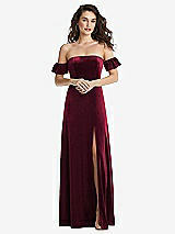 Front View Thumbnail - Cabernet Ruffle Sleeve Off-the-Shoulder Velvet Maxi Dress