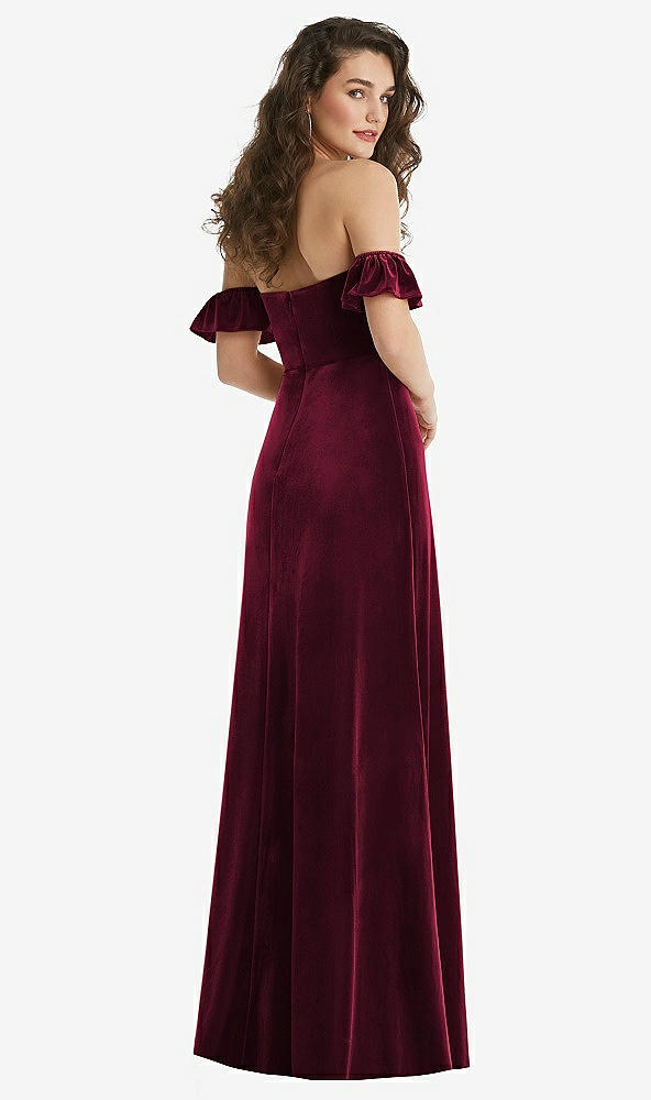 Back View - Cabernet Ruffle Sleeve Off-the-Shoulder Velvet Maxi Dress