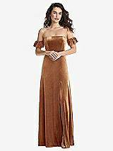 Front View Thumbnail - Golden Almond Ruffle Sleeve Off-the-Shoulder Velvet Maxi Dress