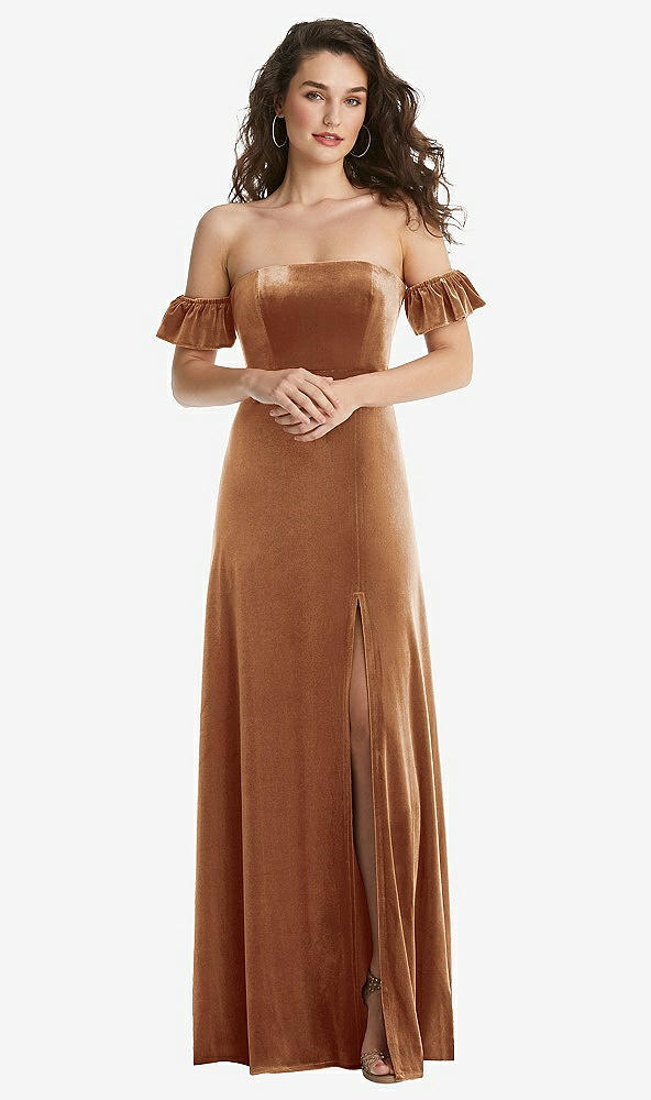 Front View - Golden Almond Ruffle Sleeve Off-the-Shoulder Velvet Maxi Dress
