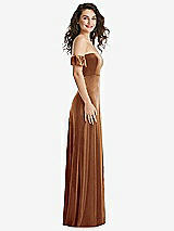 Side View Thumbnail - Golden Almond Ruffle Sleeve Off-the-Shoulder Velvet Maxi Dress