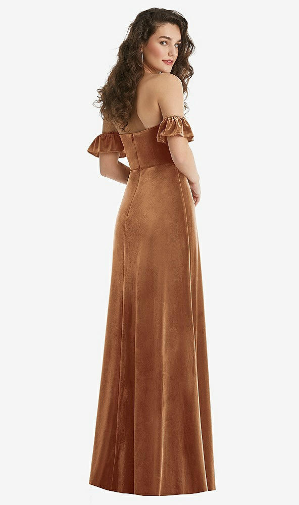 Back View - Golden Almond Ruffle Sleeve Off-the-Shoulder Velvet Maxi Dress