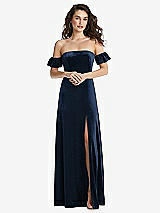 Front View Thumbnail - Midnight Navy Ruffle Sleeve Off-the-Shoulder Velvet Maxi Dress