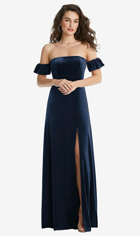 Front View - Midnight Navy Ruffle Sleeve Off-the-Shoulder Velvet Maxi Dress