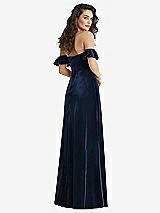 Rear View Thumbnail - Midnight Navy Ruffle Sleeve Off-the-Shoulder Velvet Maxi Dress