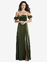 Front View Thumbnail - Olive Green Ruffle Sleeve Off-the-Shoulder Velvet Maxi Dress