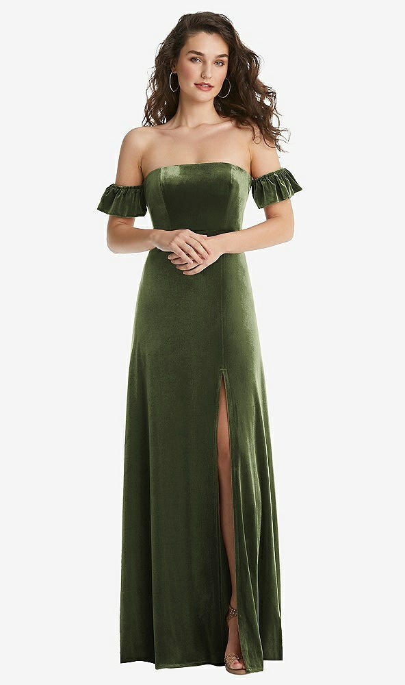 Front View - Olive Green Ruffle Sleeve Off-the-Shoulder Velvet Maxi Dress