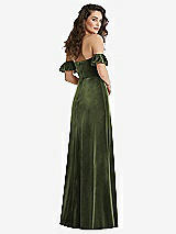 Rear View Thumbnail - Olive Green Ruffle Sleeve Off-the-Shoulder Velvet Maxi Dress