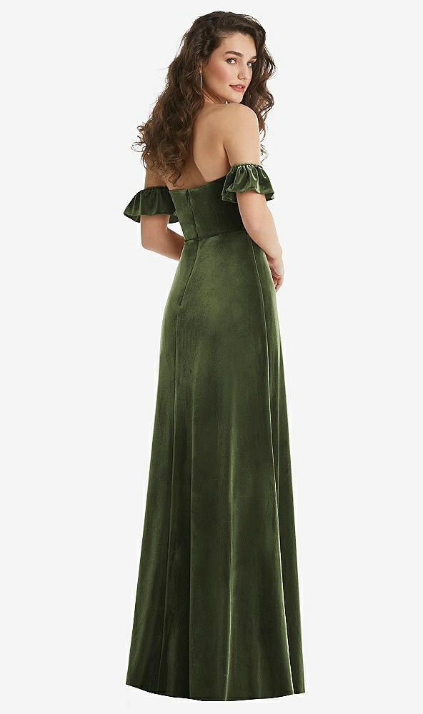 Back View - Olive Green Ruffle Sleeve Off-the-Shoulder Velvet Maxi Dress