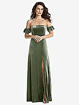 Front View Thumbnail - Sage Ruffle Sleeve Off-the-Shoulder Velvet Maxi Dress