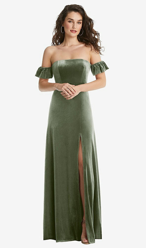 Front View - Sage Ruffle Sleeve Off-the-Shoulder Velvet Maxi Dress