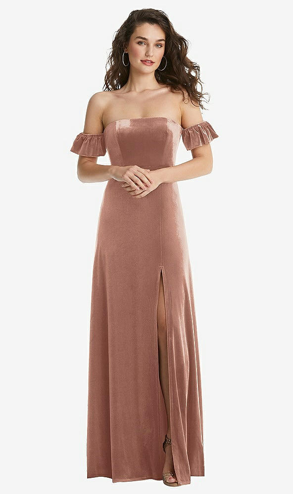 Front View - Tawny Rose Ruffle Sleeve Off-the-Shoulder Velvet Maxi Dress