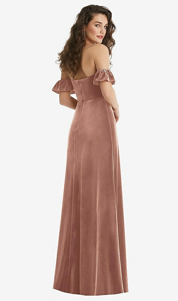 Back View - Tawny Rose Ruffle Sleeve Off-the-Shoulder Velvet Maxi Dress