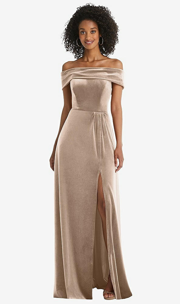 Front View - Topaz Draped Cuff Off-the-Shoulder Velvet Maxi Dress with Pockets