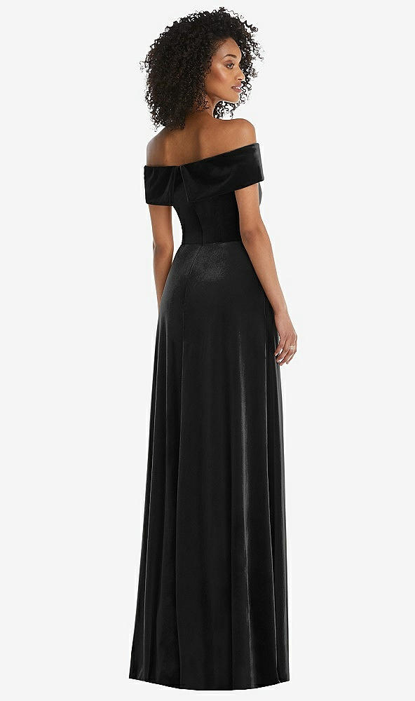 Back View - Black Draped Cuff Off-the-Shoulder Velvet Maxi Dress with Pockets