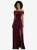 Front View Thumbnail - Cabernet Draped Cuff Off-the-Shoulder Velvet Maxi Dress with Pockets