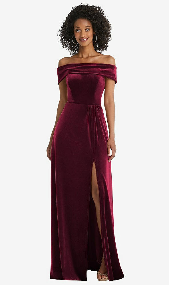 Front View - Cabernet Draped Cuff Off-the-Shoulder Velvet Maxi Dress with Pockets
