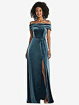 Front View Thumbnail - Dutch Blue Draped Cuff Off-the-Shoulder Velvet Maxi Dress with Pockets