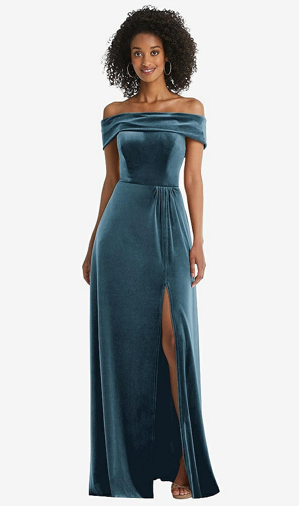 Front View - Dutch Blue Draped Cuff Off-the-Shoulder Velvet Maxi Dress with Pockets