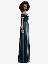 Side View Thumbnail - Dutch Blue Draped Cuff Off-the-Shoulder Velvet Maxi Dress with Pockets
