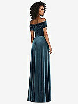 Rear View Thumbnail - Dutch Blue Draped Cuff Off-the-Shoulder Velvet Maxi Dress with Pockets