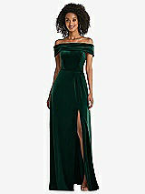 Front View Thumbnail - Evergreen Draped Cuff Off-the-Shoulder Velvet Maxi Dress with Pockets