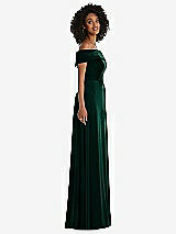 Side View Thumbnail - Evergreen Draped Cuff Off-the-Shoulder Velvet Maxi Dress with Pockets