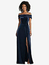 Front View Thumbnail - Midnight Navy Draped Cuff Off-the-Shoulder Velvet Maxi Dress with Pockets