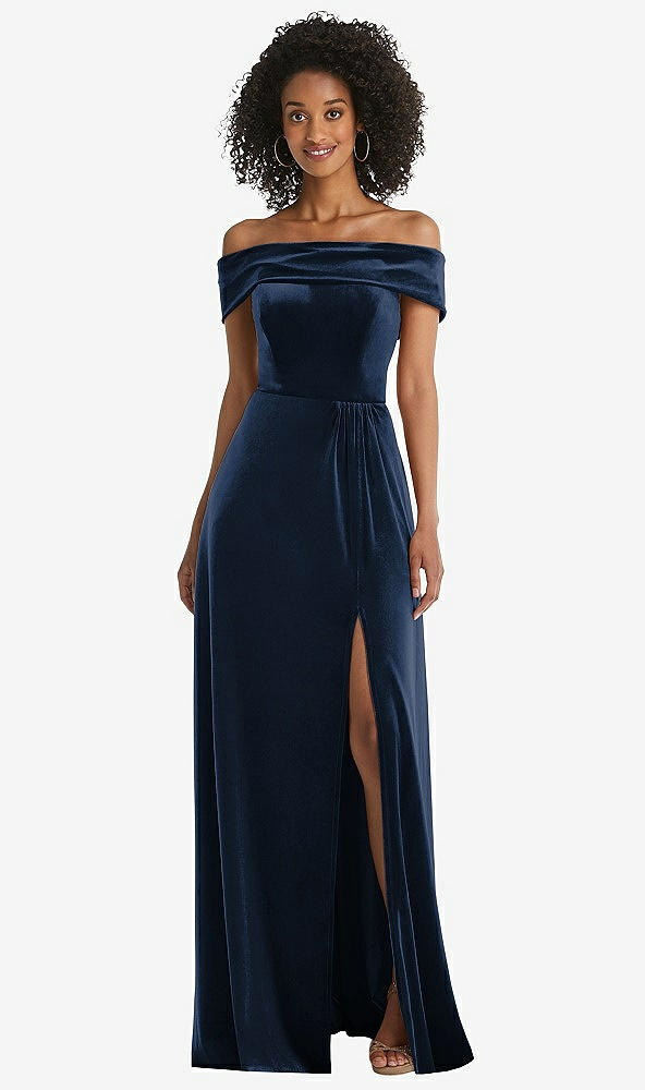 Front View - Midnight Navy Draped Cuff Off-the-Shoulder Velvet Maxi Dress with Pockets