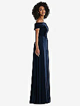 Side View Thumbnail - Midnight Navy Draped Cuff Off-the-Shoulder Velvet Maxi Dress with Pockets