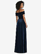Rear View Thumbnail - Midnight Navy Draped Cuff Off-the-Shoulder Velvet Maxi Dress with Pockets
