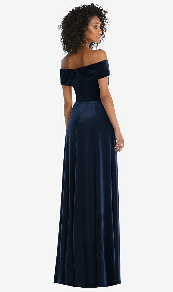Back View - Midnight Navy Draped Cuff Off-the-Shoulder Velvet Maxi Dress with Pockets
