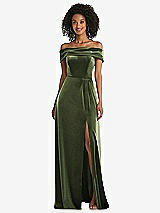 Front View Thumbnail - Olive Green Draped Cuff Off-the-Shoulder Velvet Maxi Dress with Pockets