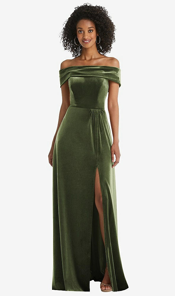Front View - Olive Green Draped Cuff Off-the-Shoulder Velvet Maxi Dress with Pockets