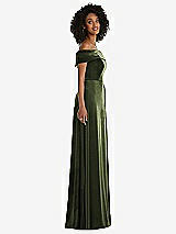 Side View Thumbnail - Olive Green Draped Cuff Off-the-Shoulder Velvet Maxi Dress with Pockets