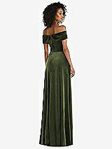 Rear View Thumbnail - Olive Green Draped Cuff Off-the-Shoulder Velvet Maxi Dress with Pockets