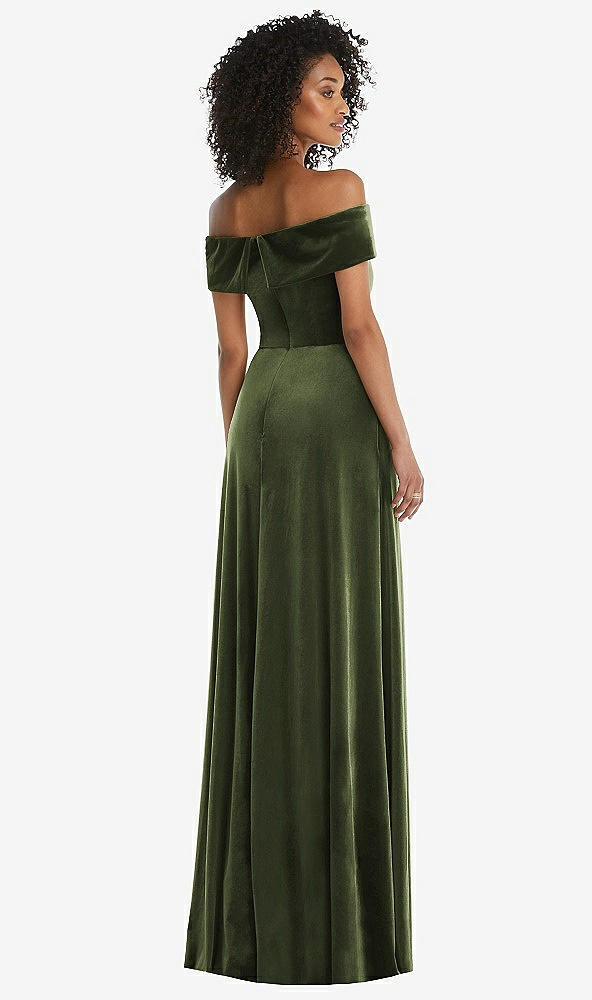 Back View - Olive Green Draped Cuff Off-the-Shoulder Velvet Maxi Dress with Pockets