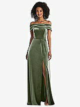 Front View Thumbnail - Sage Draped Cuff Off-the-Shoulder Velvet Maxi Dress with Pockets
