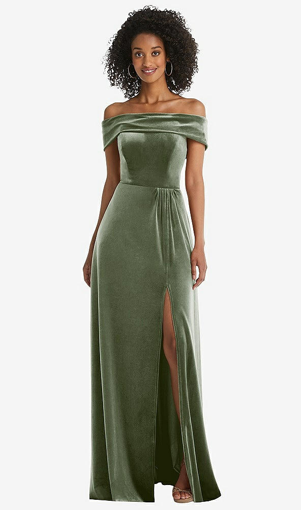 Front View - Sage Draped Cuff Off-the-Shoulder Velvet Maxi Dress with Pockets