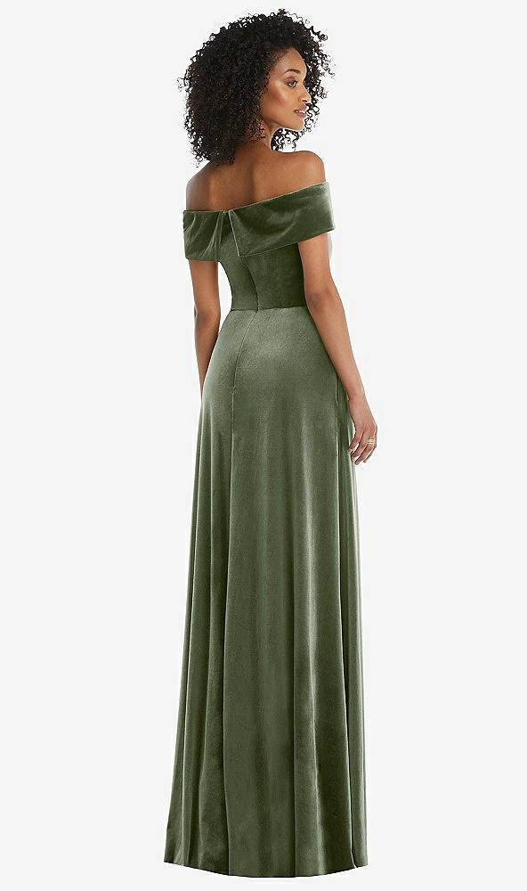 Back View - Sage Draped Cuff Off-the-Shoulder Velvet Maxi Dress with Pockets