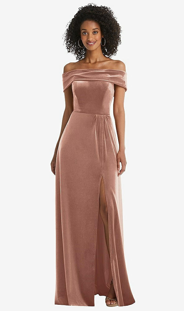 Front View - Tawny Rose Draped Cuff Off-the-Shoulder Velvet Maxi Dress with Pockets