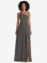 Front View Thumbnail - Caviar Gray One-Shoulder Chiffon Maxi Dress with Shirred Front Slit