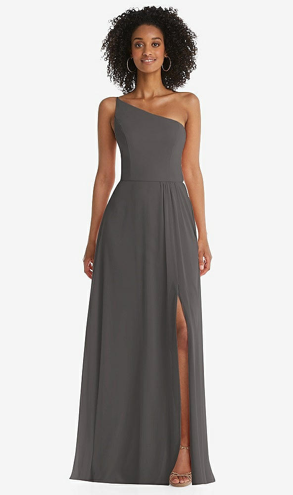 Front View - Caviar Gray One-Shoulder Chiffon Maxi Dress with Shirred Front Slit
