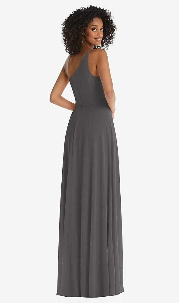 Back View - Caviar Gray One-Shoulder Chiffon Maxi Dress with Shirred Front Slit