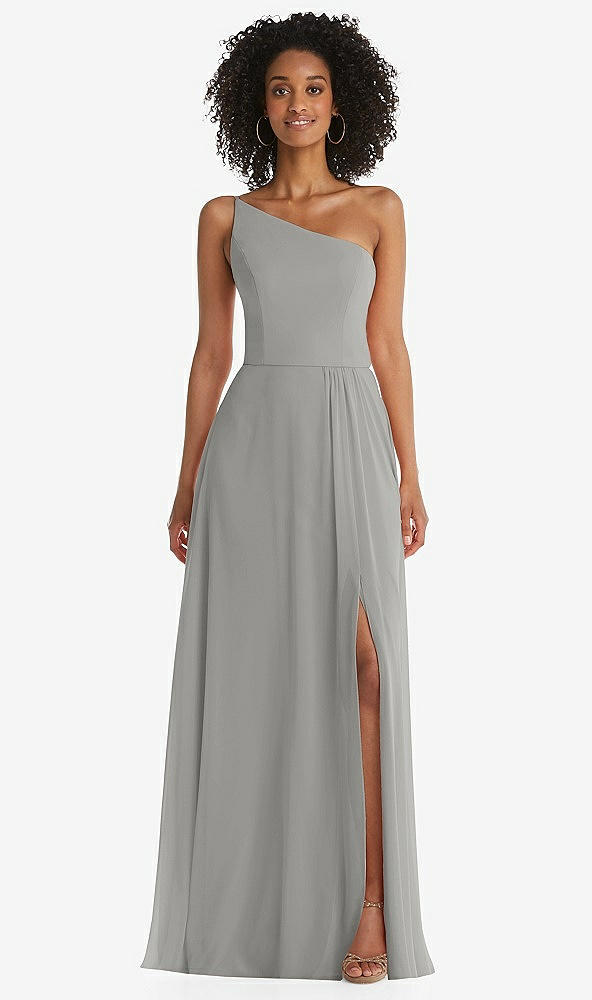Front View - Chelsea Gray One-Shoulder Chiffon Maxi Dress with Shirred Front Slit