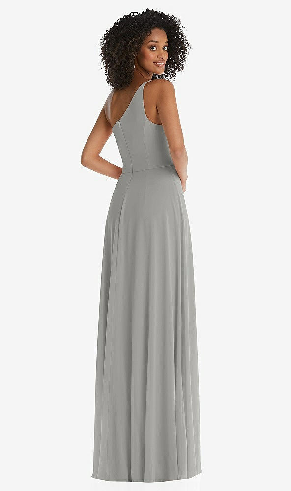 Back View - Chelsea Gray One-Shoulder Chiffon Maxi Dress with Shirred Front Slit