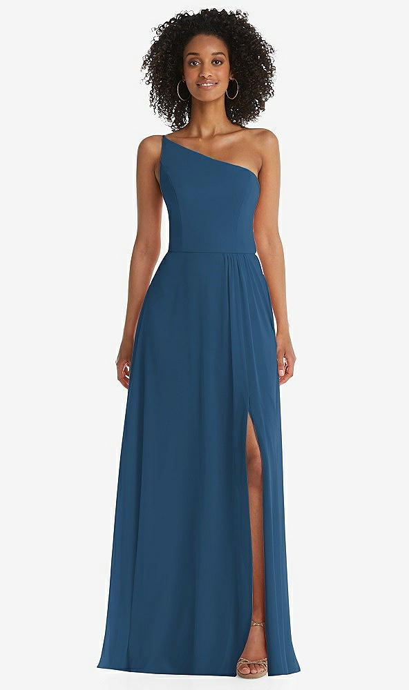 Front View - Dusk Blue One-Shoulder Chiffon Maxi Dress with Shirred Front Slit