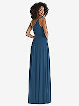 Rear View Thumbnail - Dusk Blue One-Shoulder Chiffon Maxi Dress with Shirred Front Slit